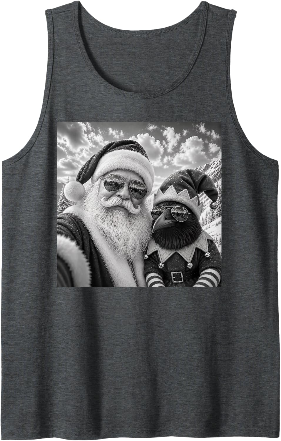 Funny Santa Selfie with Raven Crow Christmas Sleeveless Tank Top - Dark Heather Grey