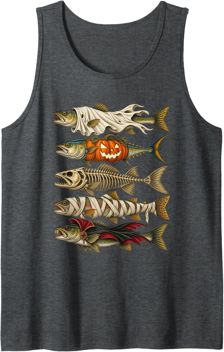 Halloween Trout Fish Ghost Pumpkin Skeleton Vampire Mummy Sleeveless Tank Top - Dark Heather Grey