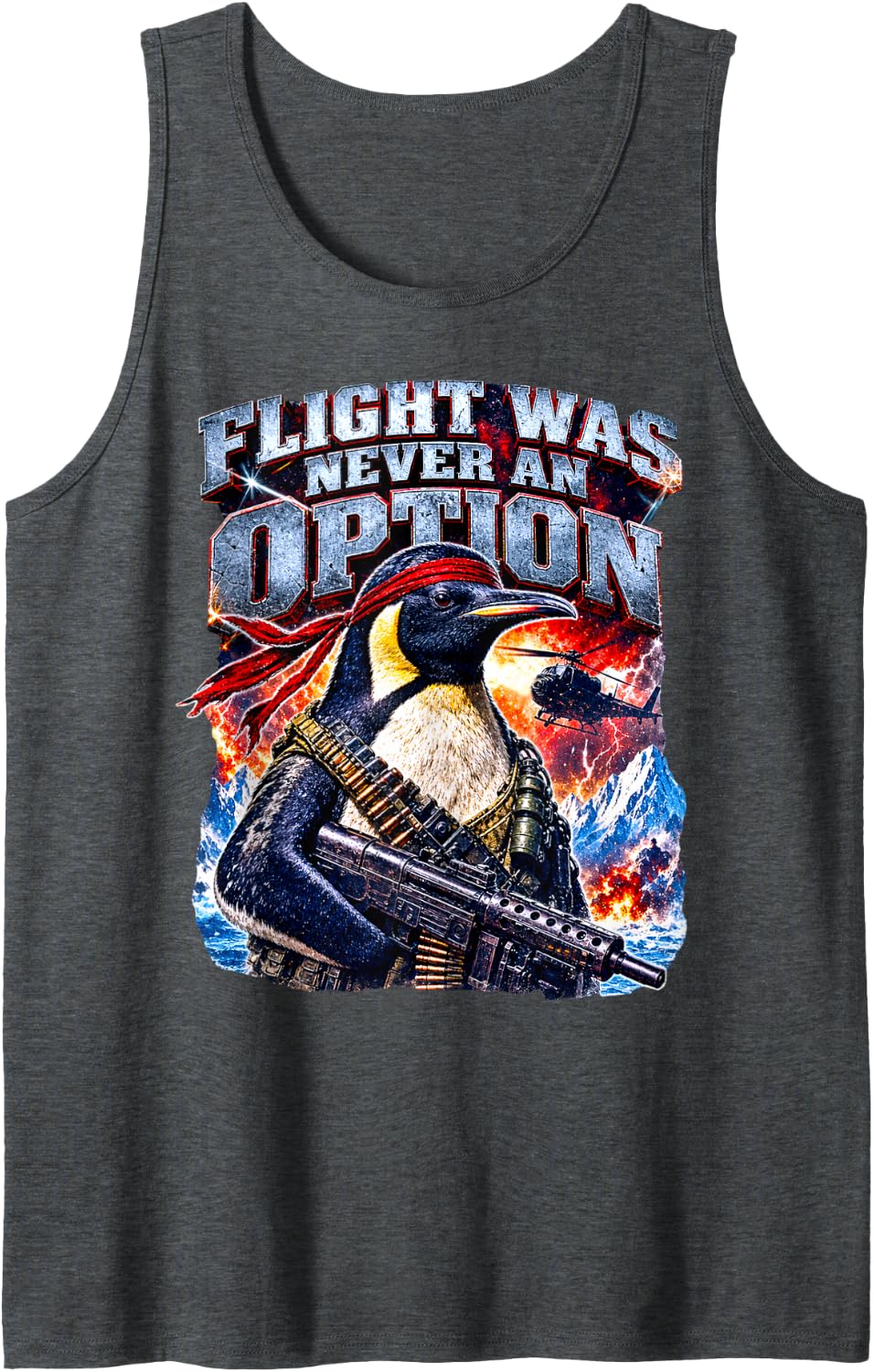 Flight was Never an Option Commando Penguin Soldier Dad Joke Sleeveless Tank Top - Dark Heather Grey