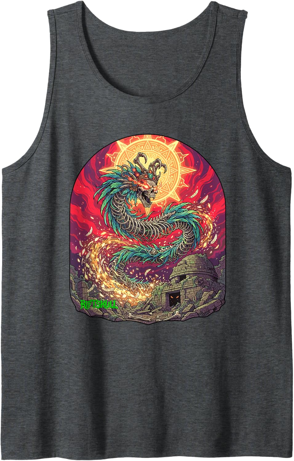 Skeleton Feathered Serpent Aztec Mythological Dark Fantasy Sleeveless Tank Top - Dark Heather Grey