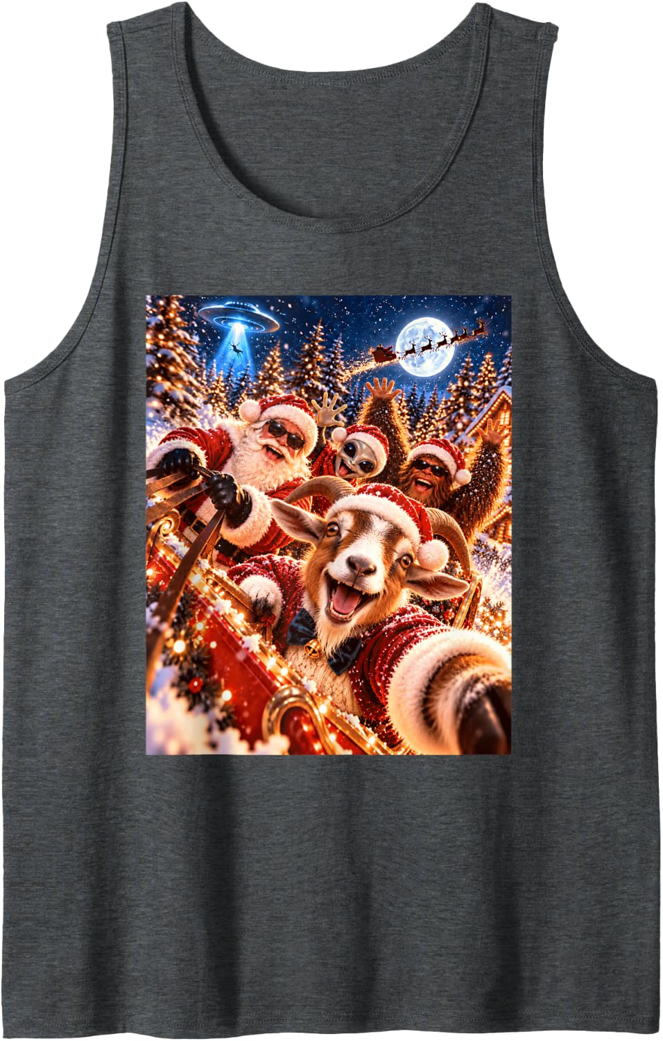 Playful Goat Santa Christmas Selfie UFO Graphic Sleeveless Tank Top - Dark Heather Grey