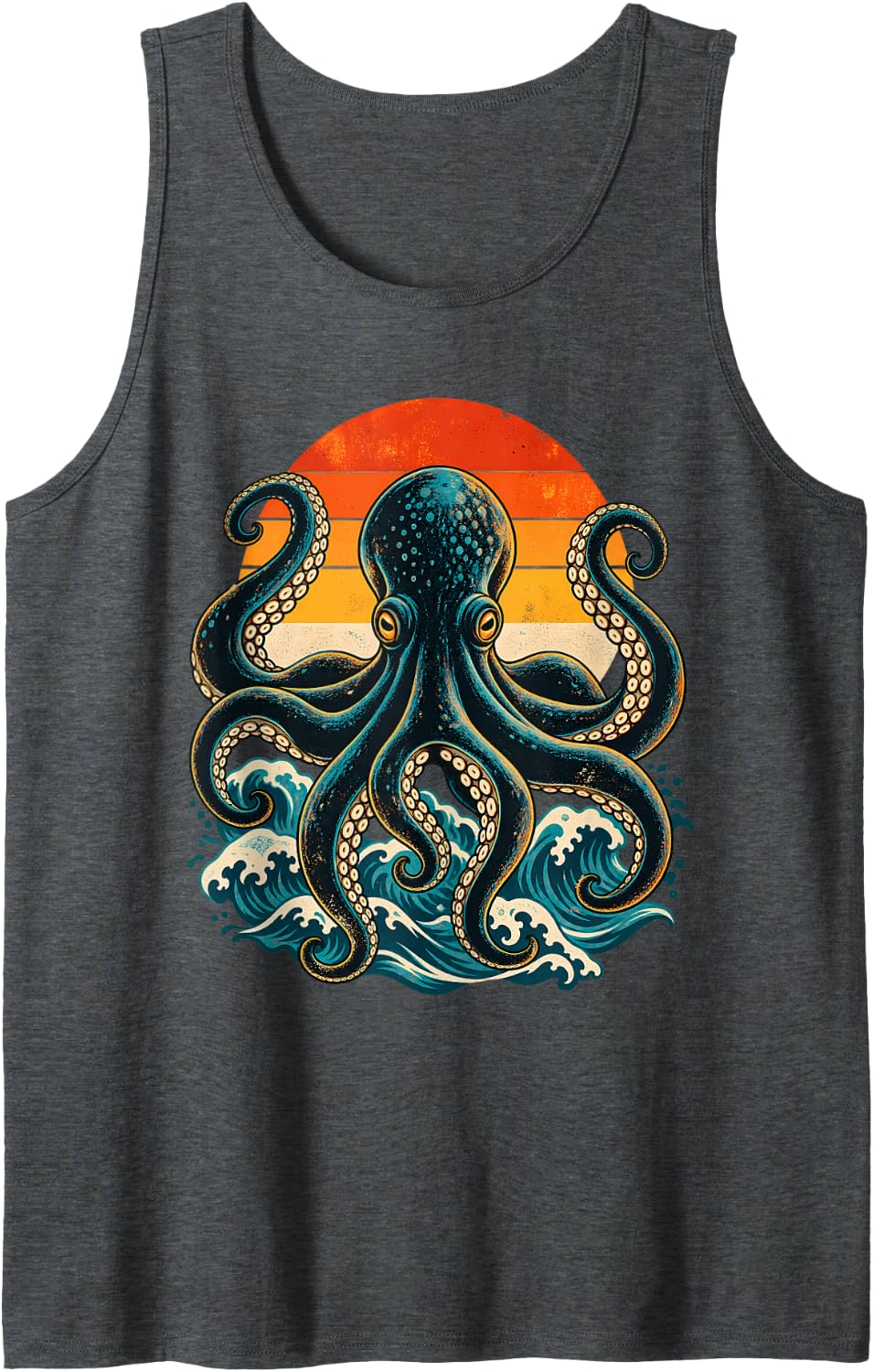 Retro Sunset Octopus Coastal Wave Ocean Art Sleeveless Tank Top - Dark Heather Grey
