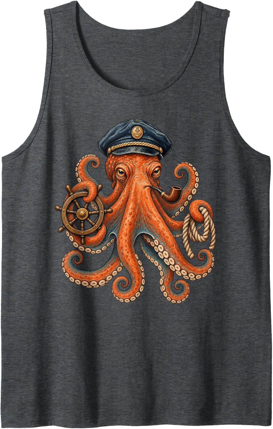 Captain Octopus Sailor Nautical Ship Wheel Ocean Sleeveless Tank Top - Dark Heather Grey