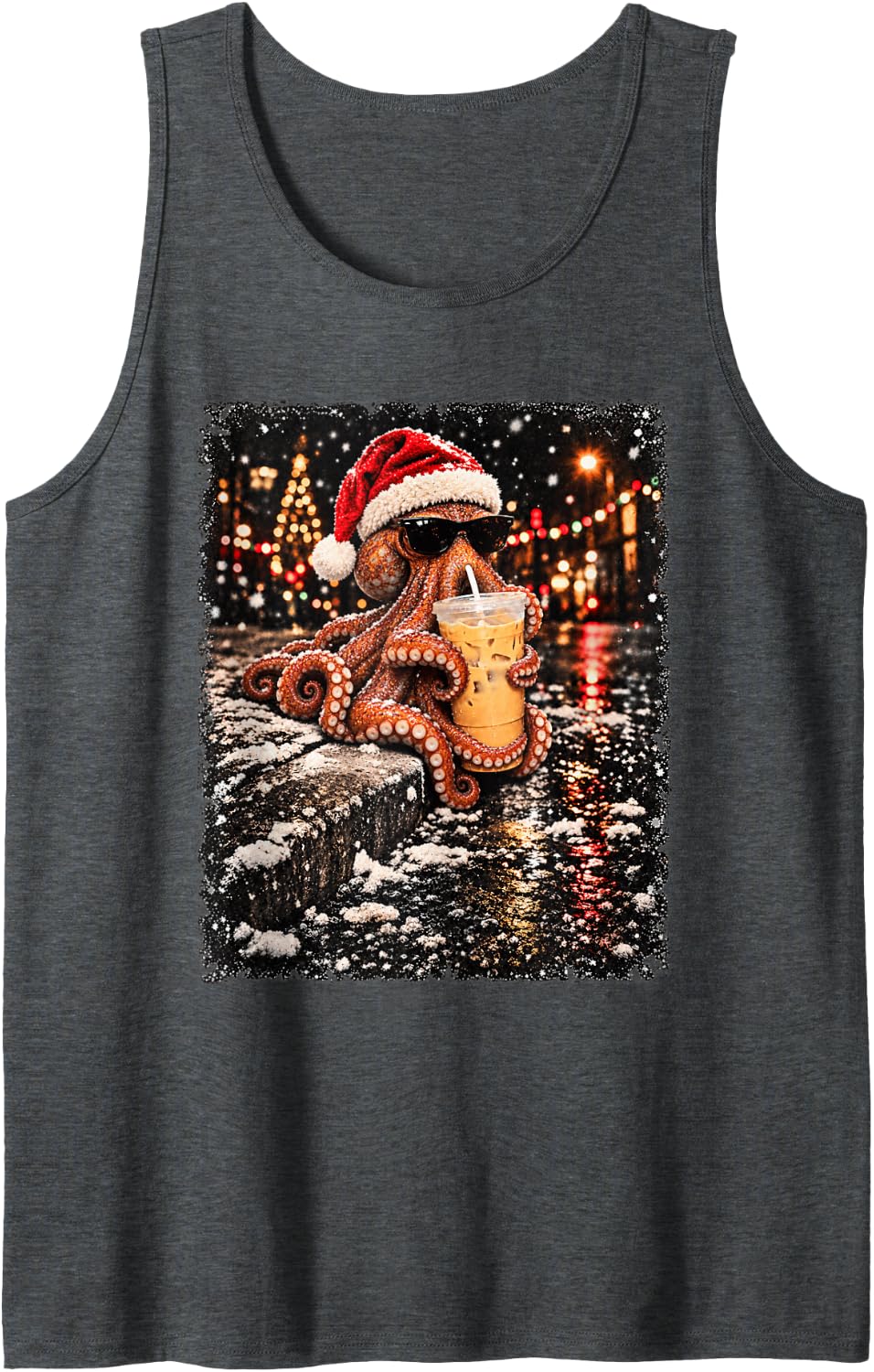 Funny Octopus Drinking Iced Coffee Christmas Animal Meme Sleeveless Tank Top - Dark Heather Grey