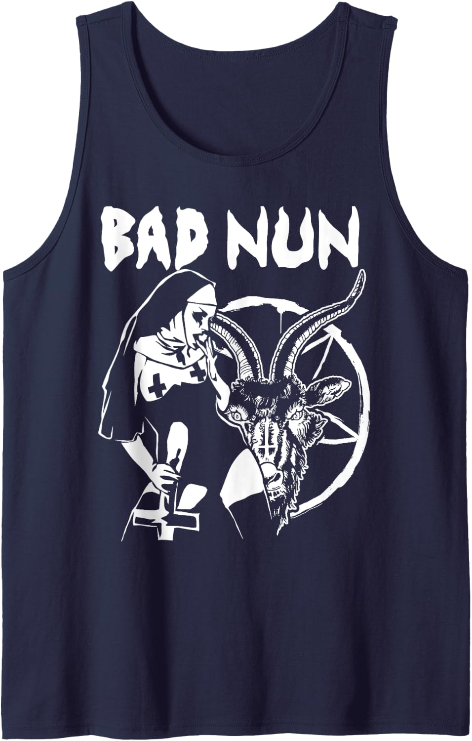 Bad Nun Goat Head Pentagram Satanic Hail Satan Witchcraft Tank Top - Navy Blue