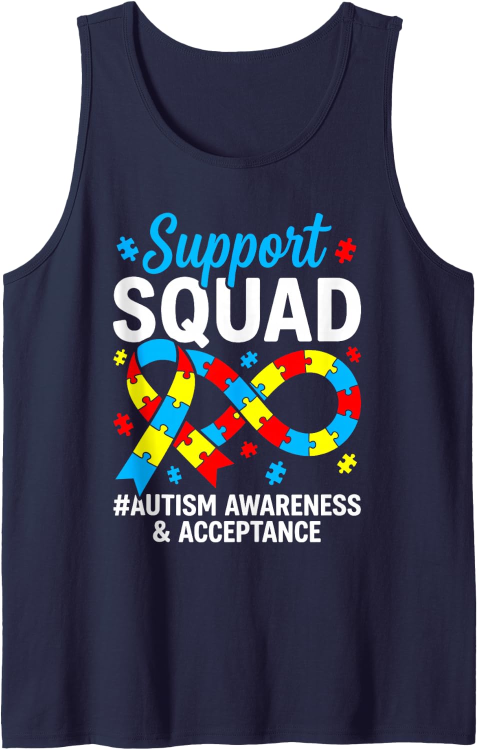 Autism Awareness Autism Support Squad Family Blue Ribbon Sleeveless Tank Top - Navy Blue