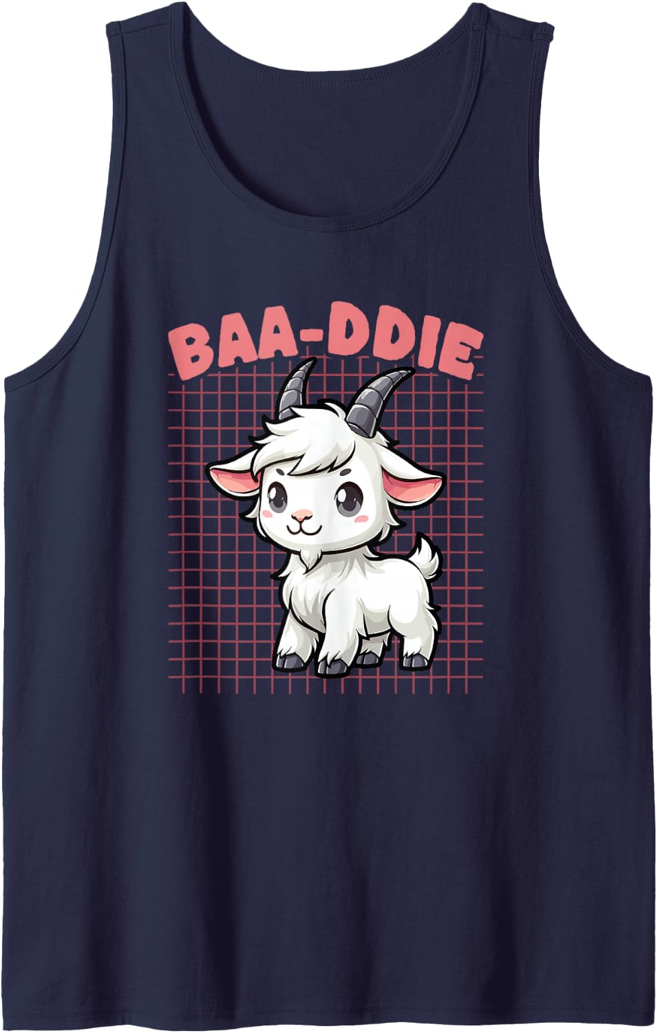 Cute Baa-ddie Goat Chibi Farm Animal Pun Sleeveless Tank Top - Navy Blue