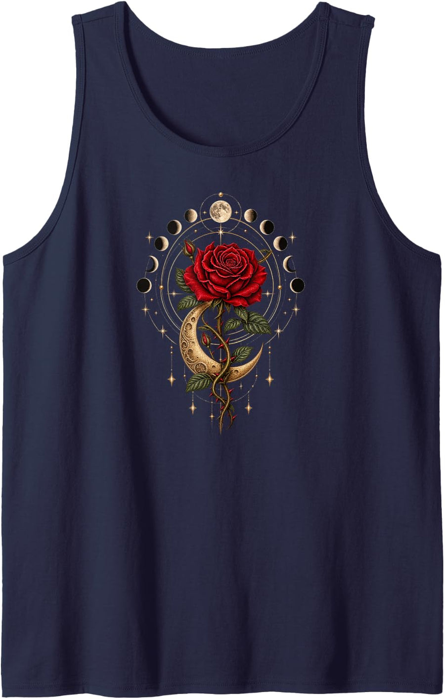 Red Goth Rose Crescent Moon Lunar Phases Celestial Botanical Sleeveless Tank Top - Navy Blue