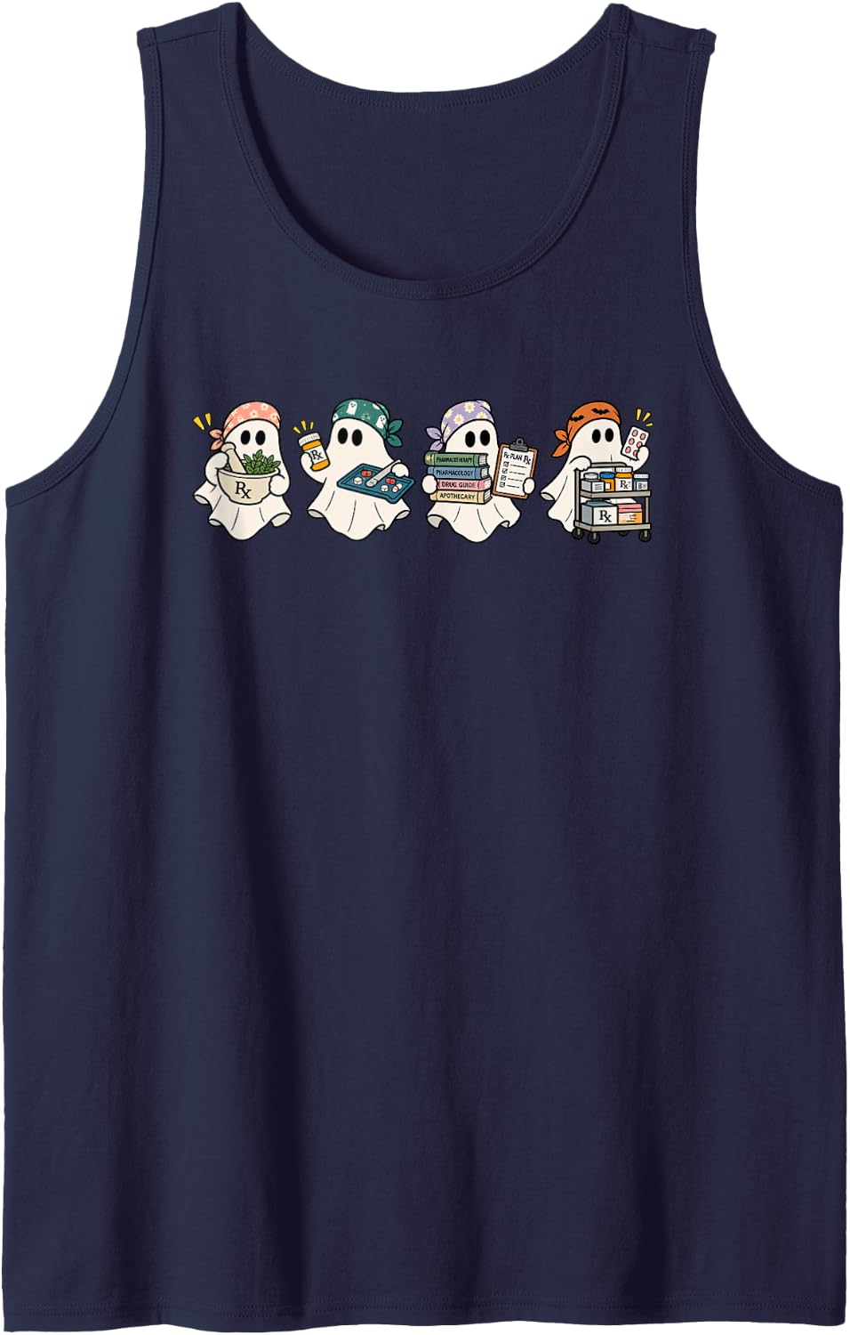 Halloween Pharmacist Ghost Rx Spooky Pharmacy Tech Sleeveless Tank Top - Navy Blue