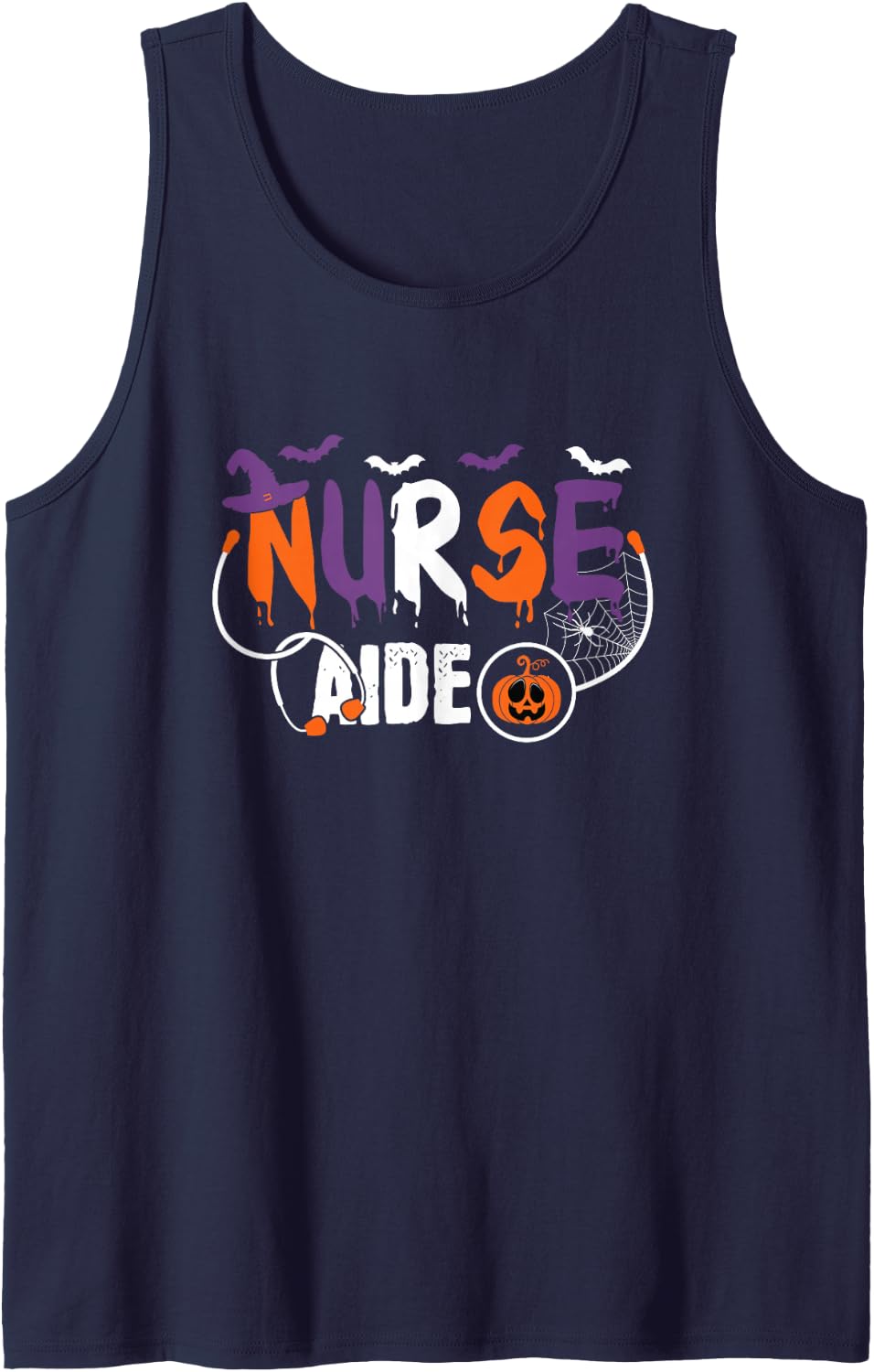 Nurse Aide Halloween Stethoscope Pumpkin Fall for Men Women Sleeveless Tank Top - Navy Blue