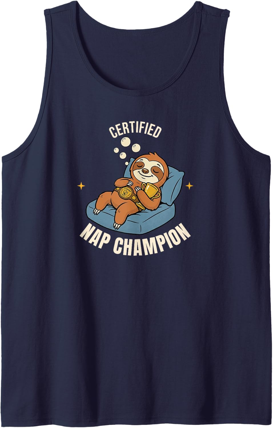 Certified Nap Champion Funny Sleeping Sloth Lazy Day Humor Sleeveless Tank Top - Navy Blue