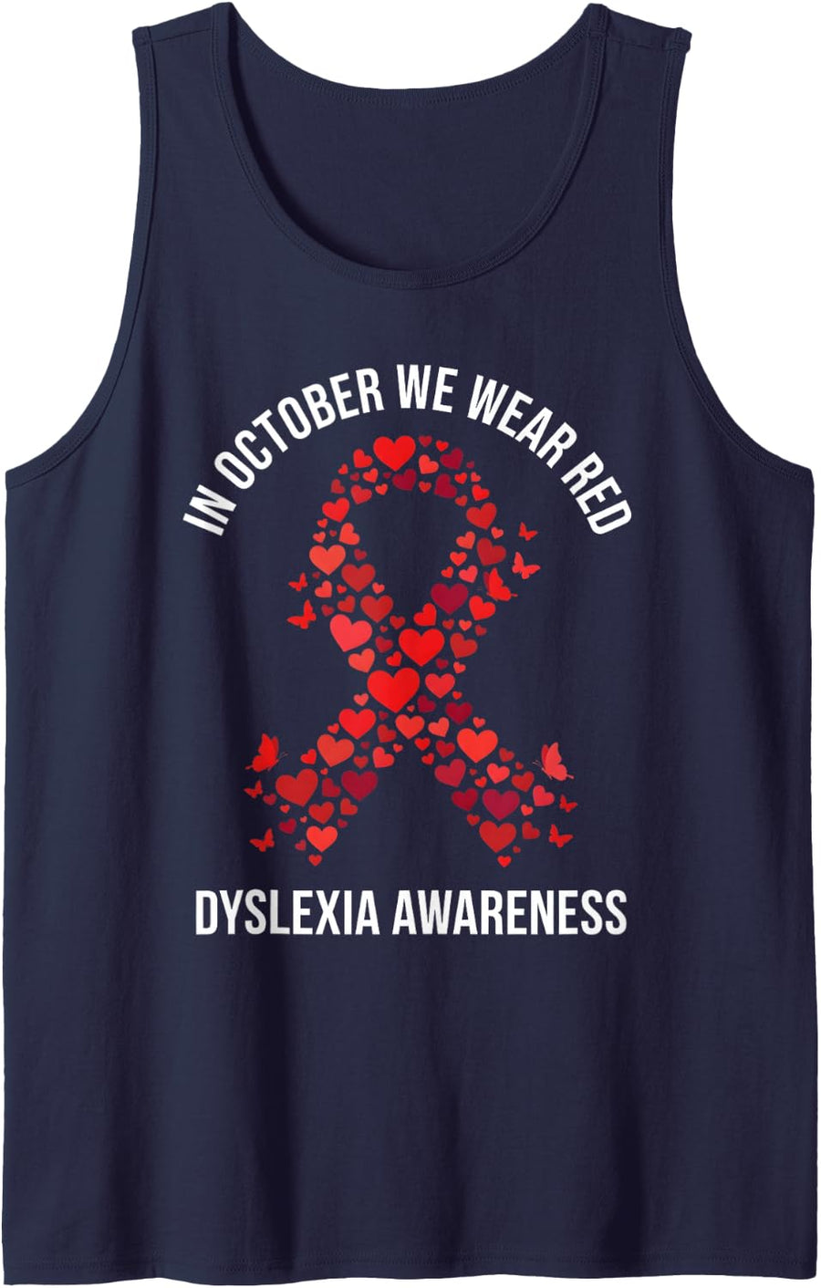 in October We Wear Red Dyslexia Awareness Heart Sleeveless Tank Top - Navy Blue
