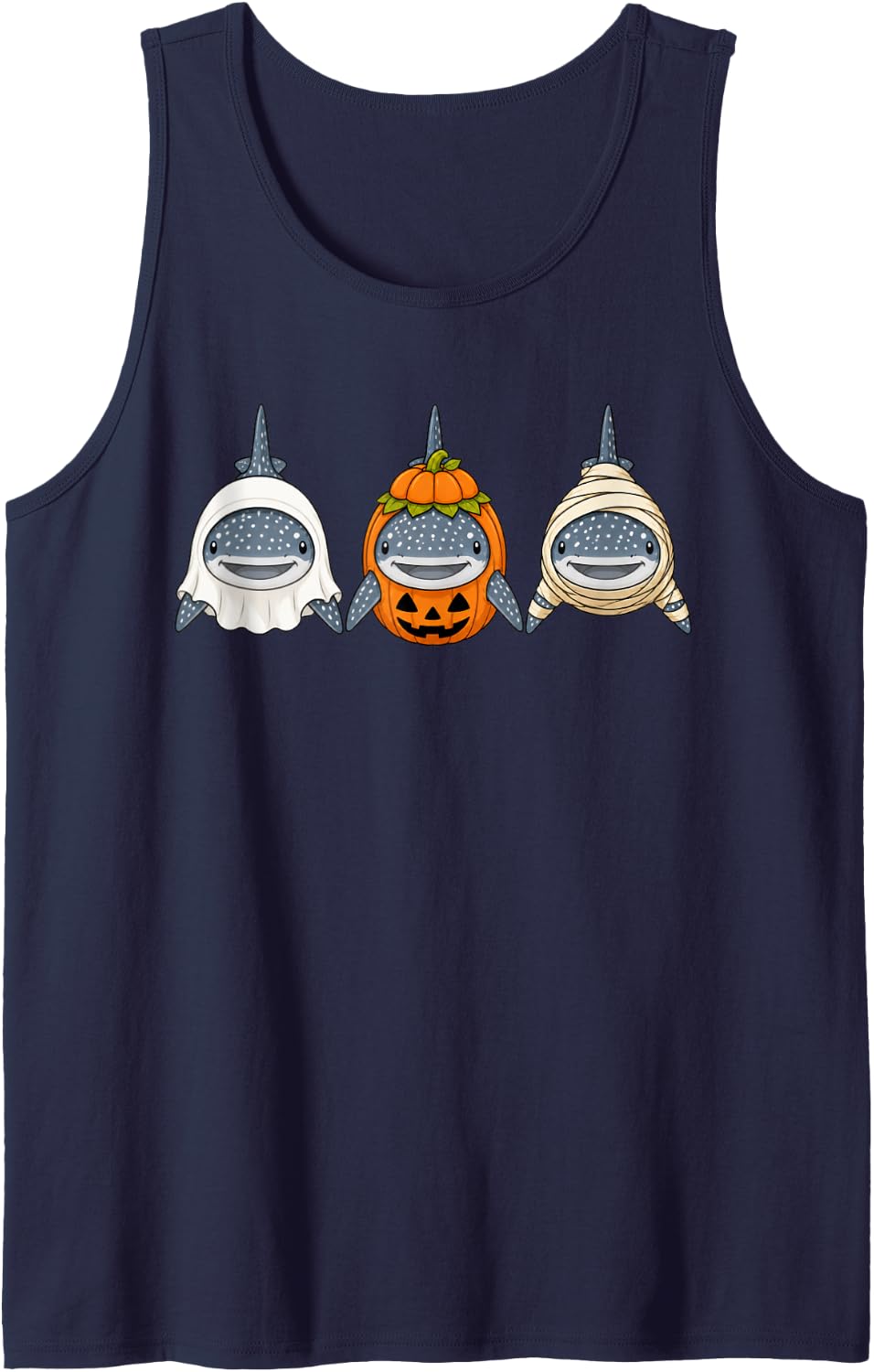 Spooky Whale Shark Pumpkin Ghost Halloween Sea Animal Tank Top - Navy Blue