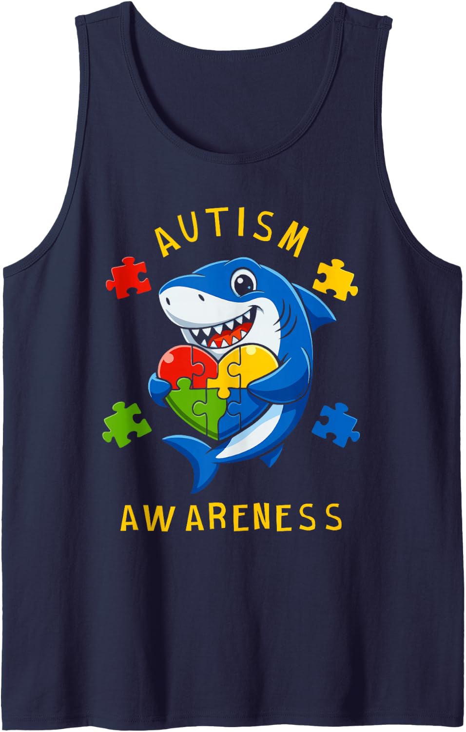 Retro Shark Autism Awareness Autistic Pride Month Sleeveless Tank Top - Navy Blue