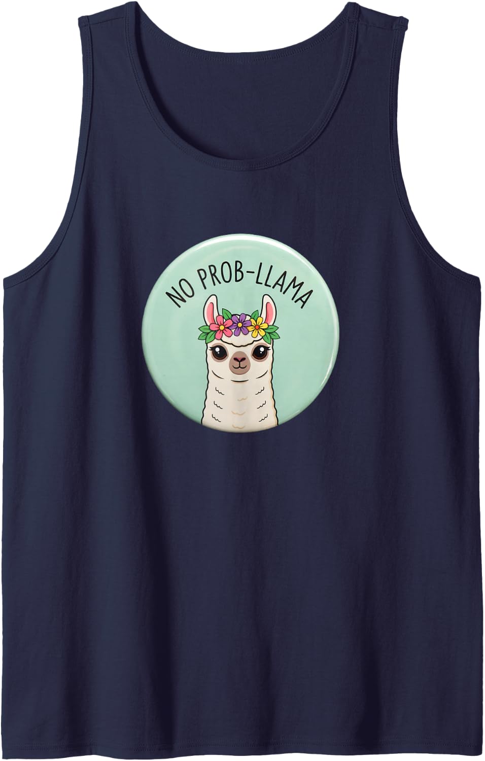 No Prob-Llama Pun Llama with Blooms Design Tank Top - Navy Blue