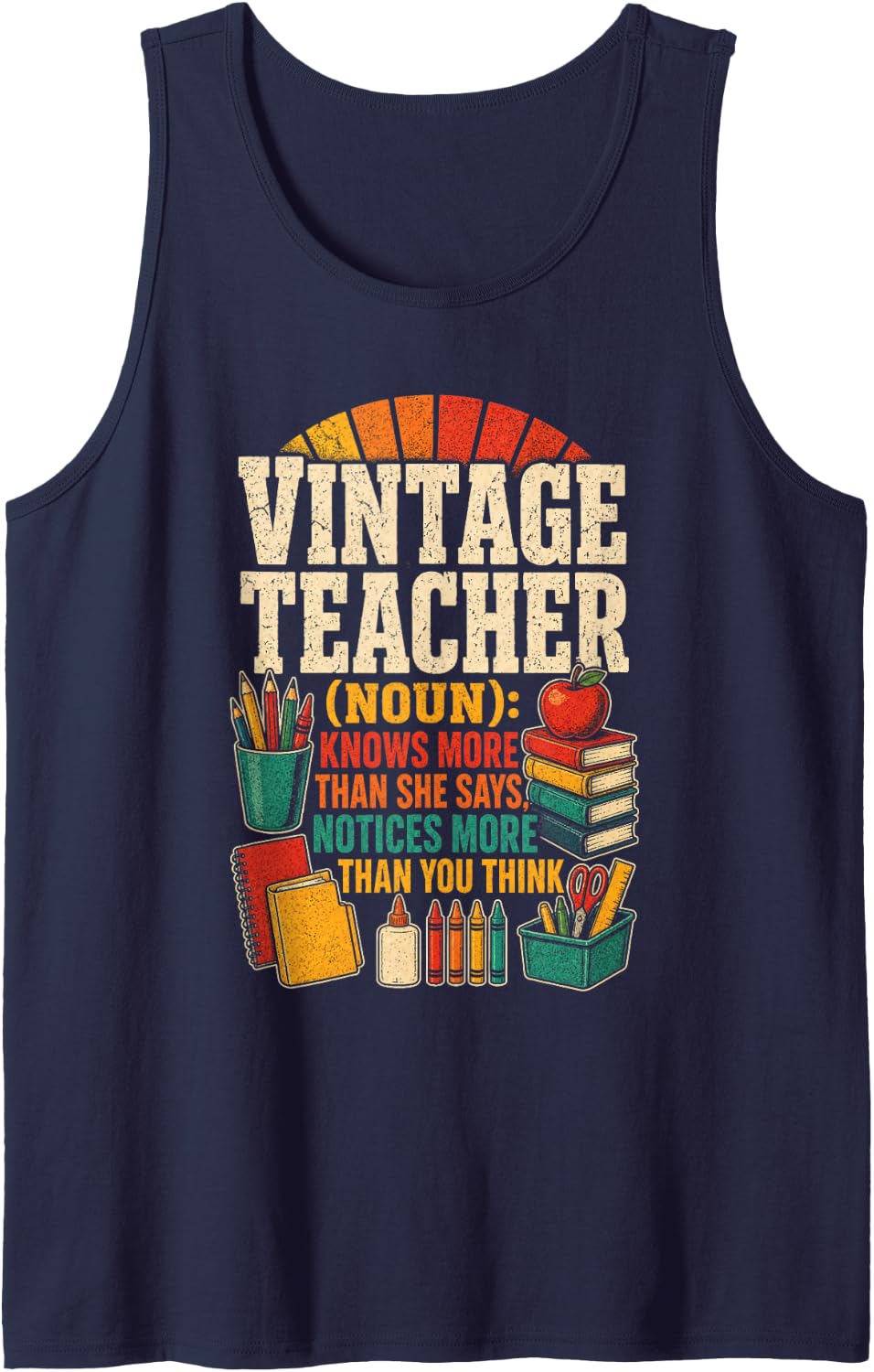 Vintage Teacher Noun Knows More Than She Says Elementary Sleeveless Tank Top - Navy Blue
