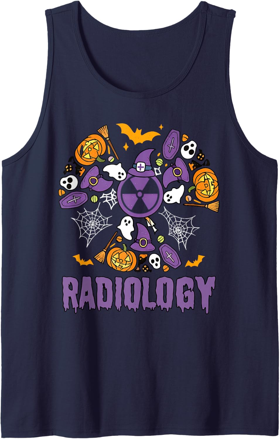 Halloween Radiology Radiation Symbol Pumpkin Ghost Xray Tech Sleeveless Tank Top - Navy Blue