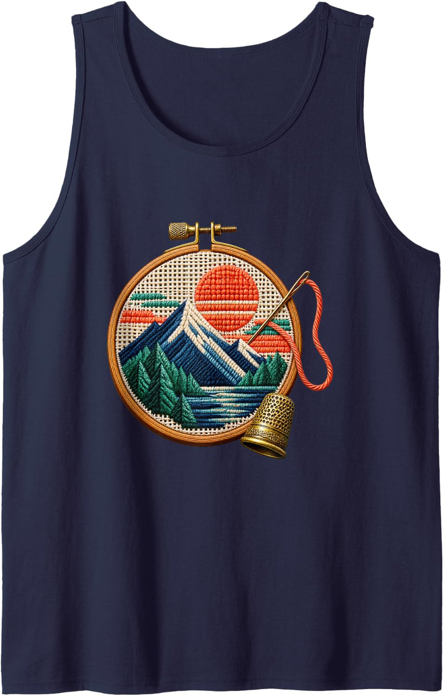 Classic Alpine Lake Needlepoint Hoop with Thread and Needle Sleeveless Tank Top - Navy Blue