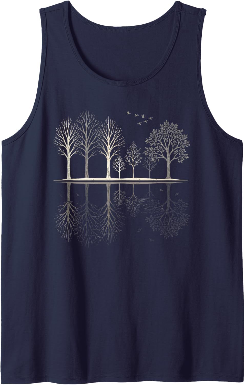 Nature Reflection Outdoor Wildlife Retro Forest Trees Sleeveless Tank Top - Navy Blue