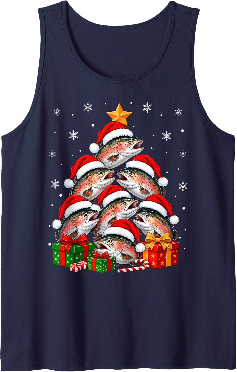 Rainbow Trout Fish Christmas Tree Festive Santa Hat Xmas Sleeveless Tank Top - Navy Blue