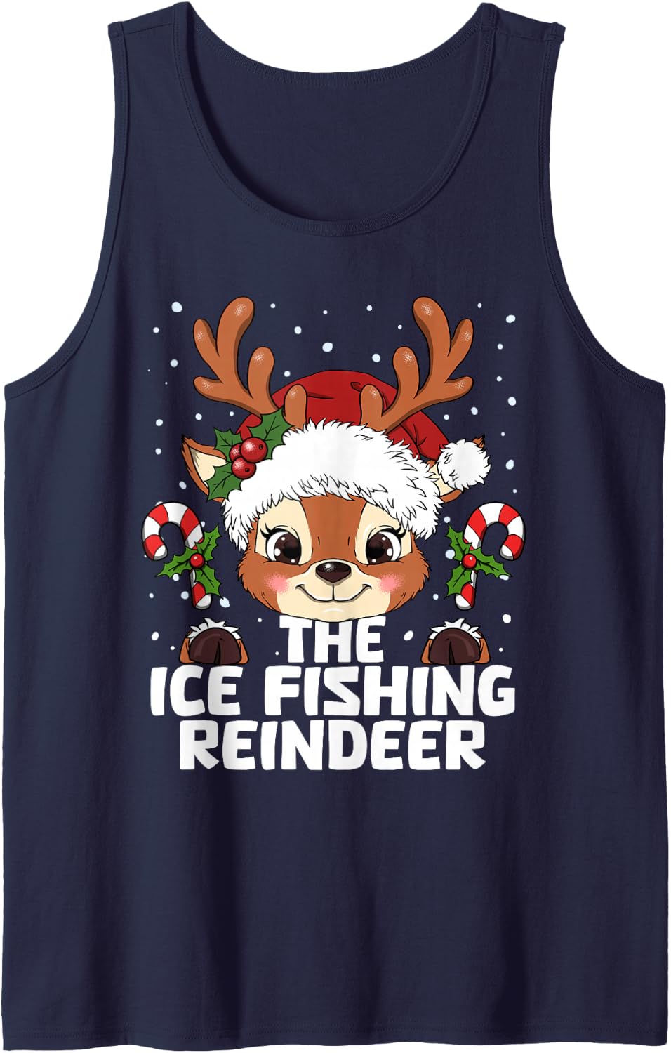 Ice Fishing Reindeer Matching Christmas Sleeveless Tank Top - Navy Blue