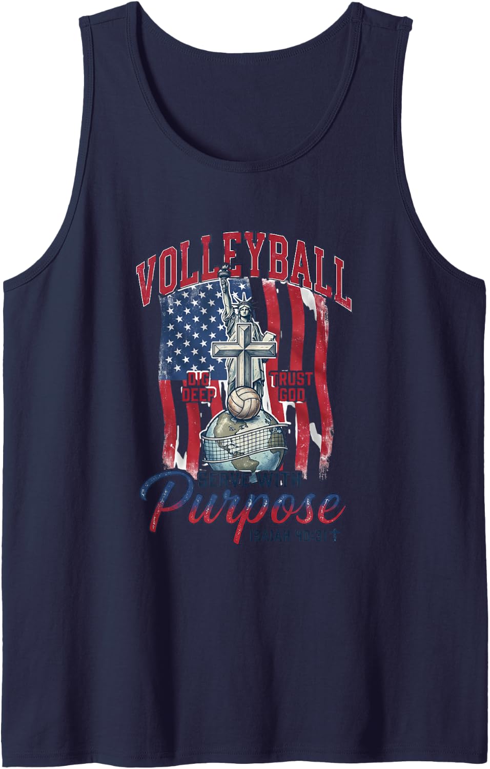 Volleyball Tshirt Christian Jesus Isaiah 40:31 American Flag Sleeveless Tank Top - Navy Blue