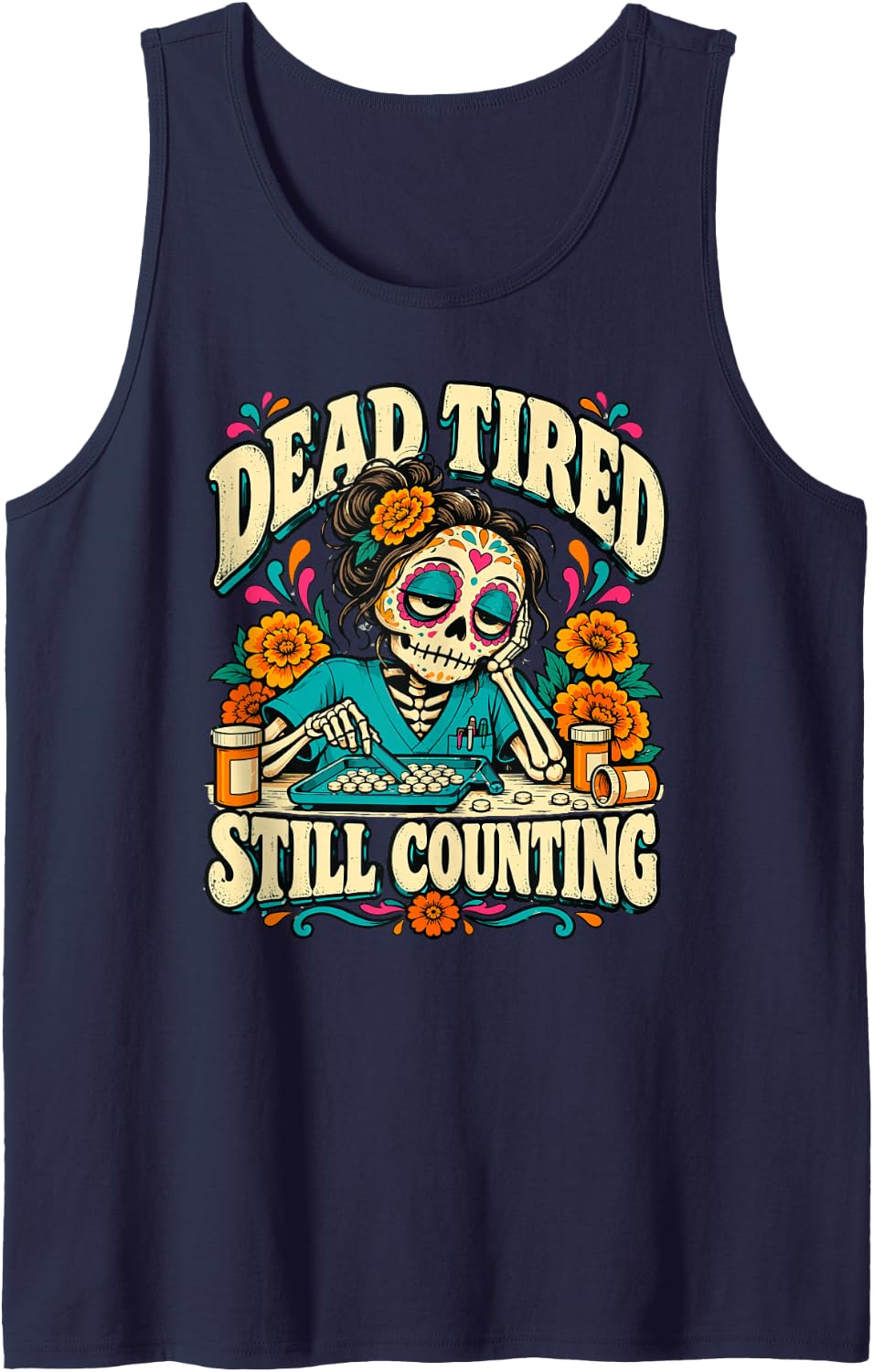 Dead Tired Still Counting Sugar Skull Pharmacy Tech Sleeveless Tank Top - Navy Blue