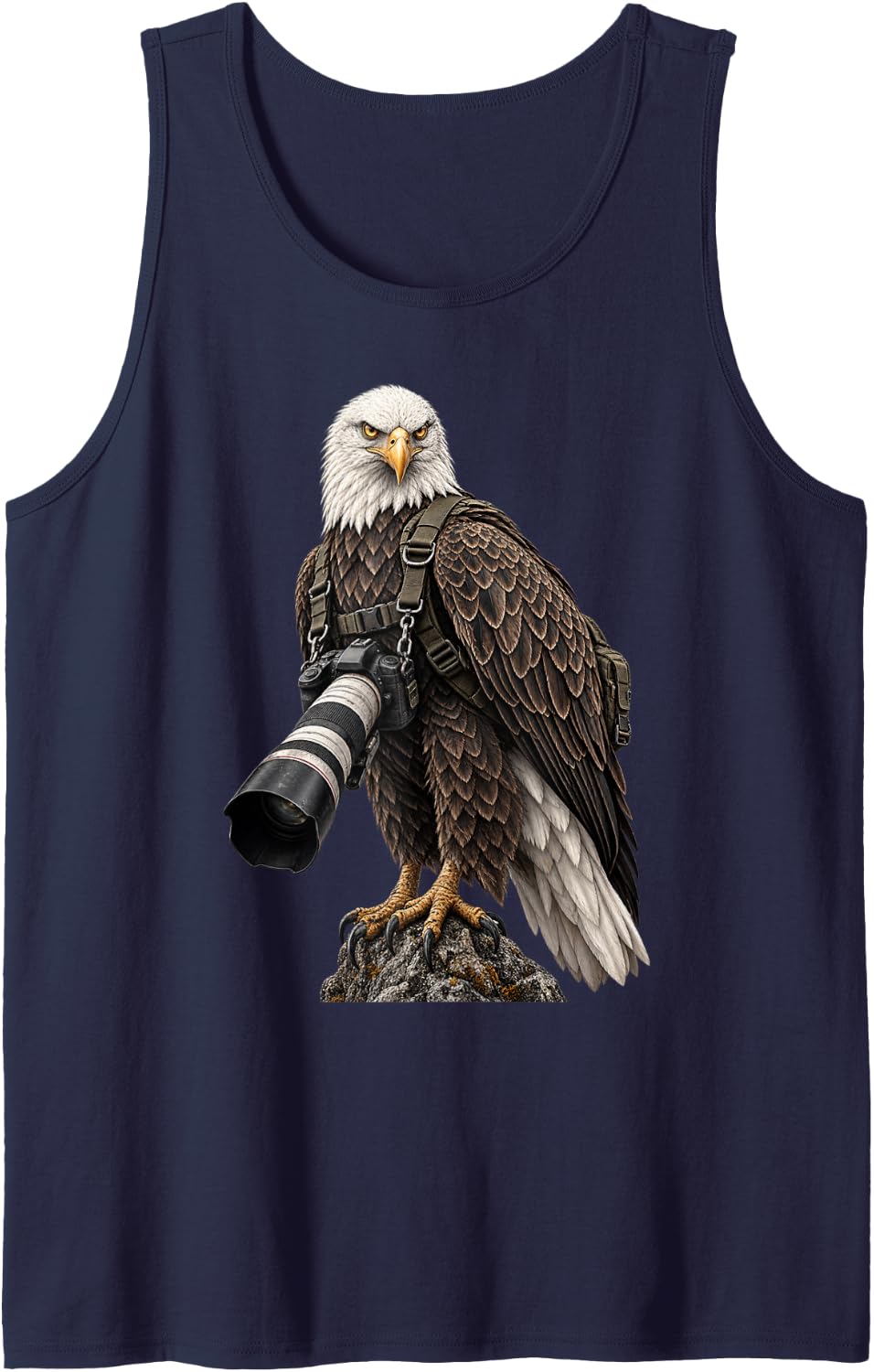 Bald Eagle Photographer with Camera Sleeveless Tank Top - Navy Blue
