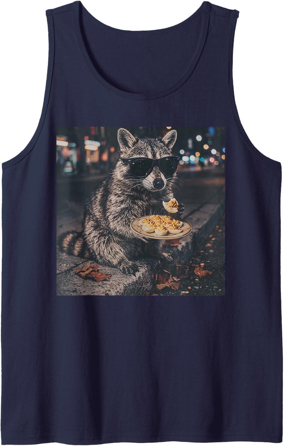 Funny Thanksgiving Raccoon Eating Deviled Eggs Sleeveless Tank Top - Navy Blue