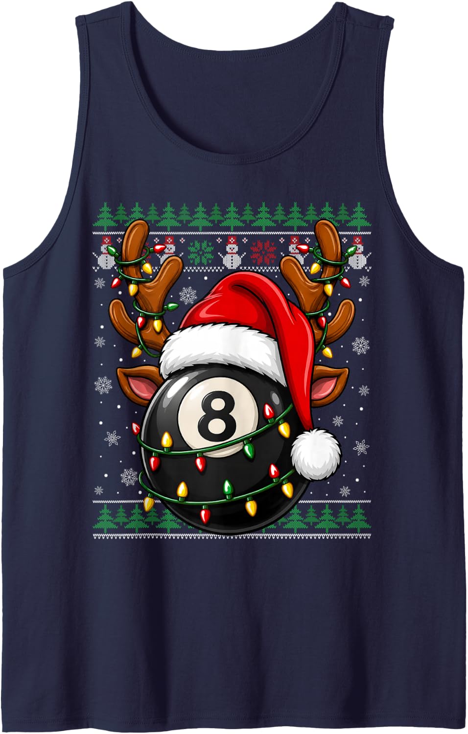 Billiards 8 Ball Christmas Lights Ugly Sweater Festive Xmas Tank Top - Navy Blue