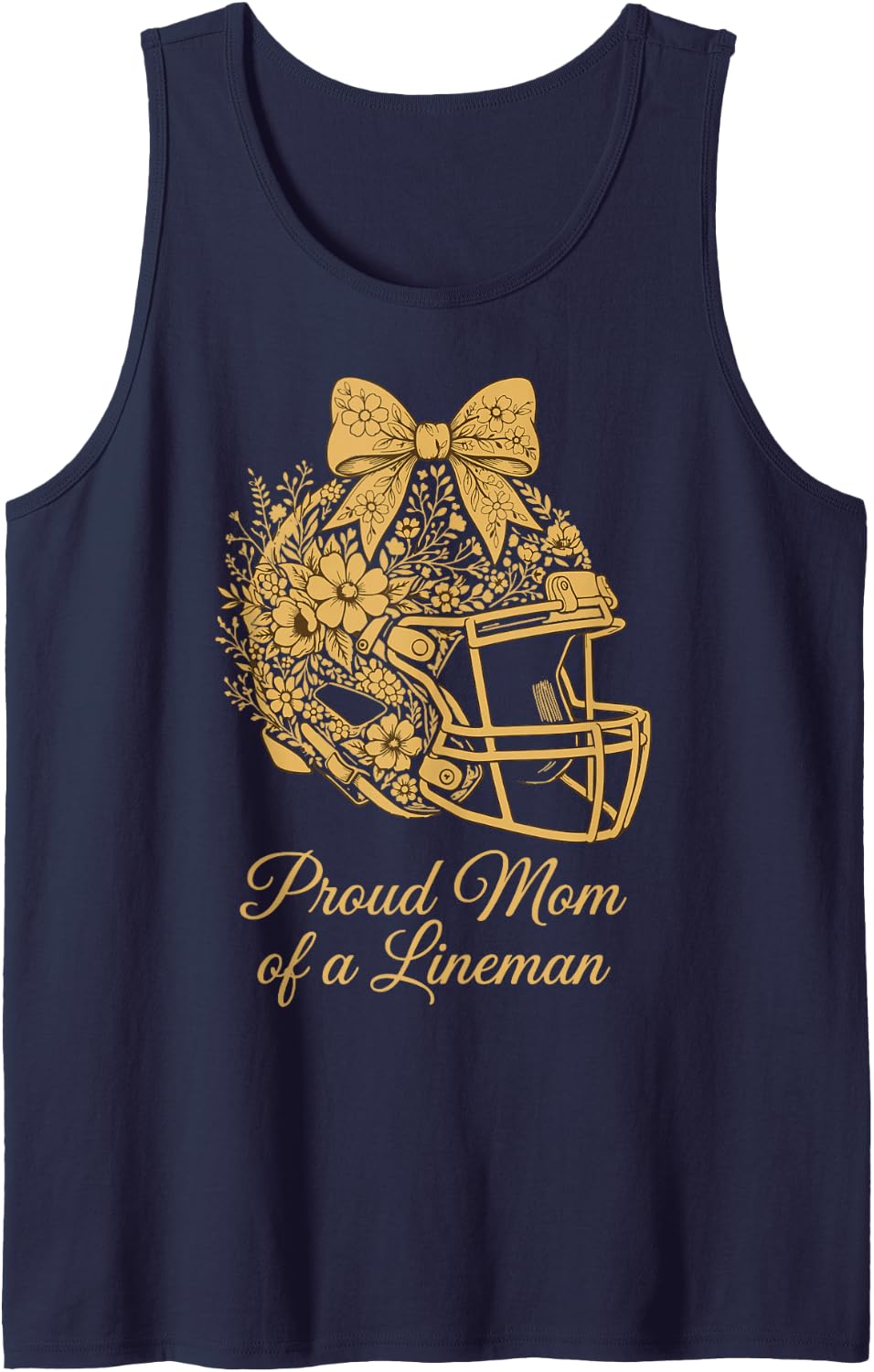 Proud Mom of a Lineman Football Floral Fall Game Day Sleeveless Tank Top - Navy Blue