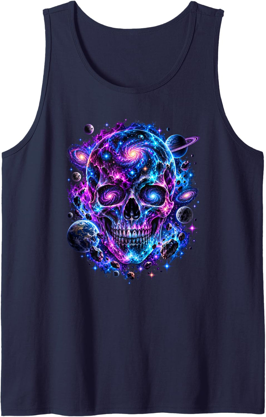 Cosmic Galaxy Skull Planets Stars Space Fantasy Art Sleeveless Tank Top - Navy Blue
