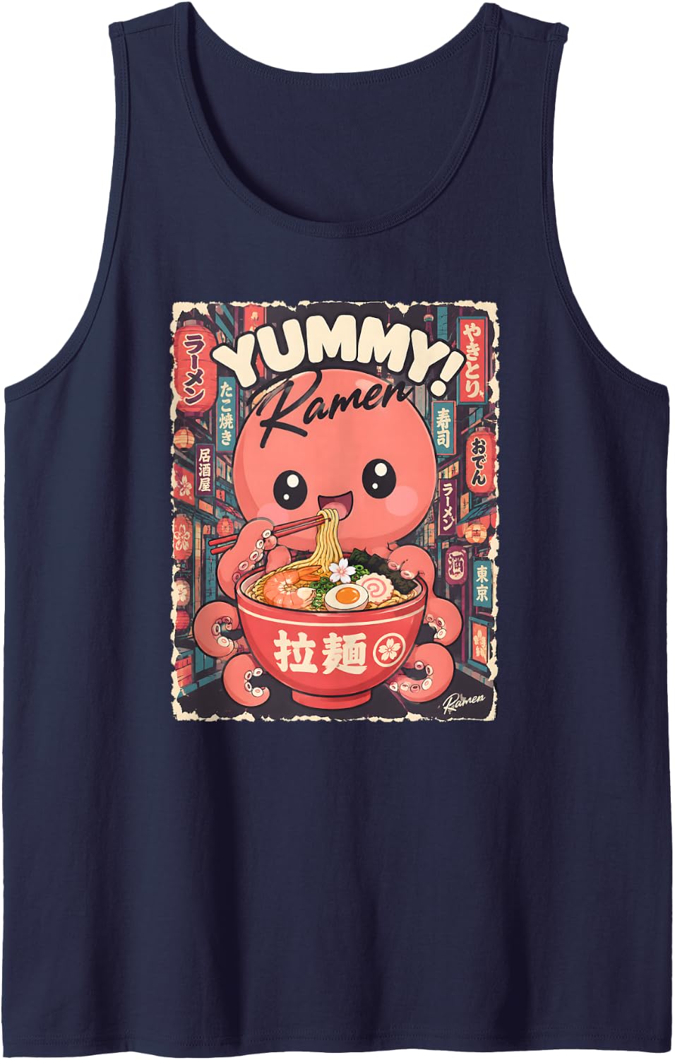 Yummy Ramen Kawaii Octopus Sleeveless Tank Top - Navy Blue