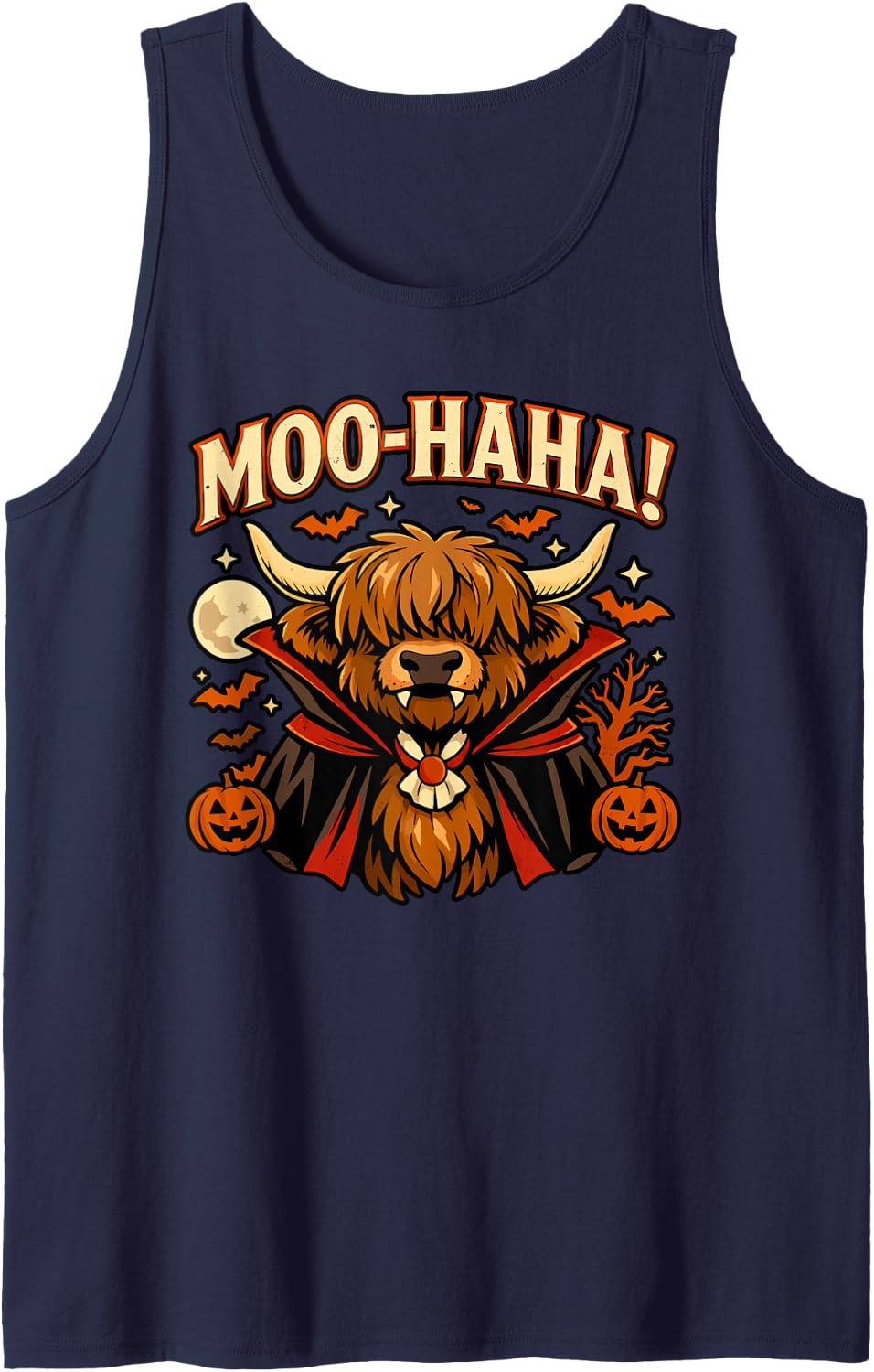 Moo Haha Vampire Highland Cow Funny Halloween Sleeveless Tank Top - Navy Blue