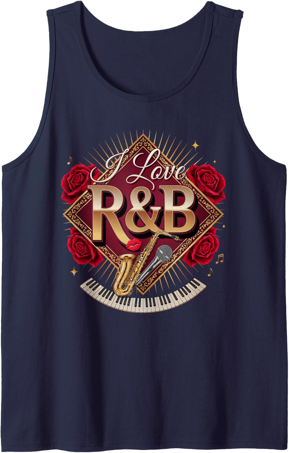I Love R&B Soul Music Saxophone Roses Classic Music Lover Sleeveless Tank Top - Navy Blue