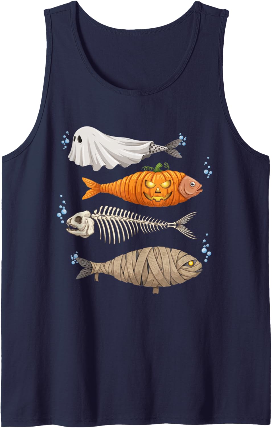 Trout Fish Ghost Pumpkin Skeleton Mummy Halloween Tank Top - Navy Blue