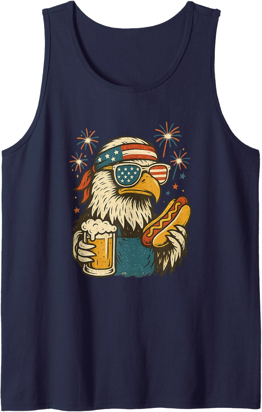 Patriotic Bald Eagle Beer Hot Dog Firework Retro 4th of July Tank Top - Navy Blue