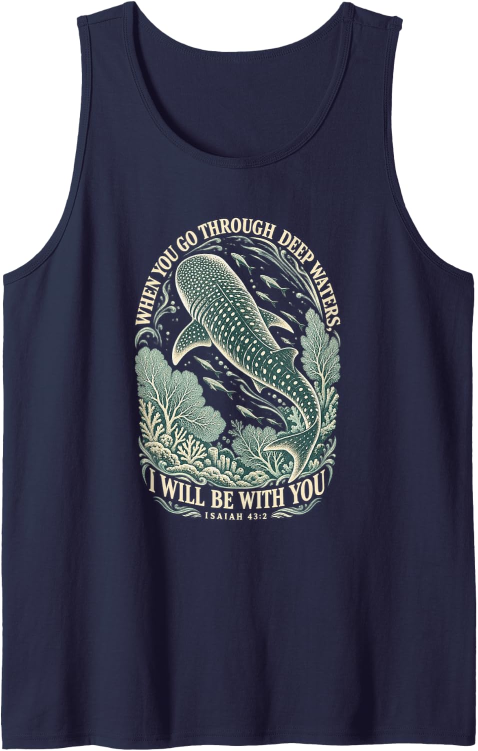 Teal Engraving Isaiah 43:2 Christian Whale Shark Sleeveless Tank Top - Navy Blue