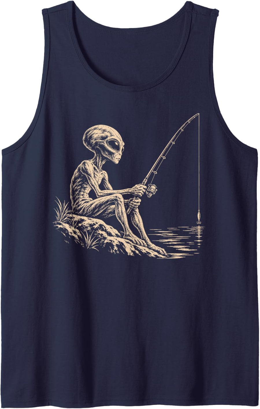 Alien Fishing Fisherman Angler Rod Hook Funny Fishing Sleeveless Tank Top - Navy Blue