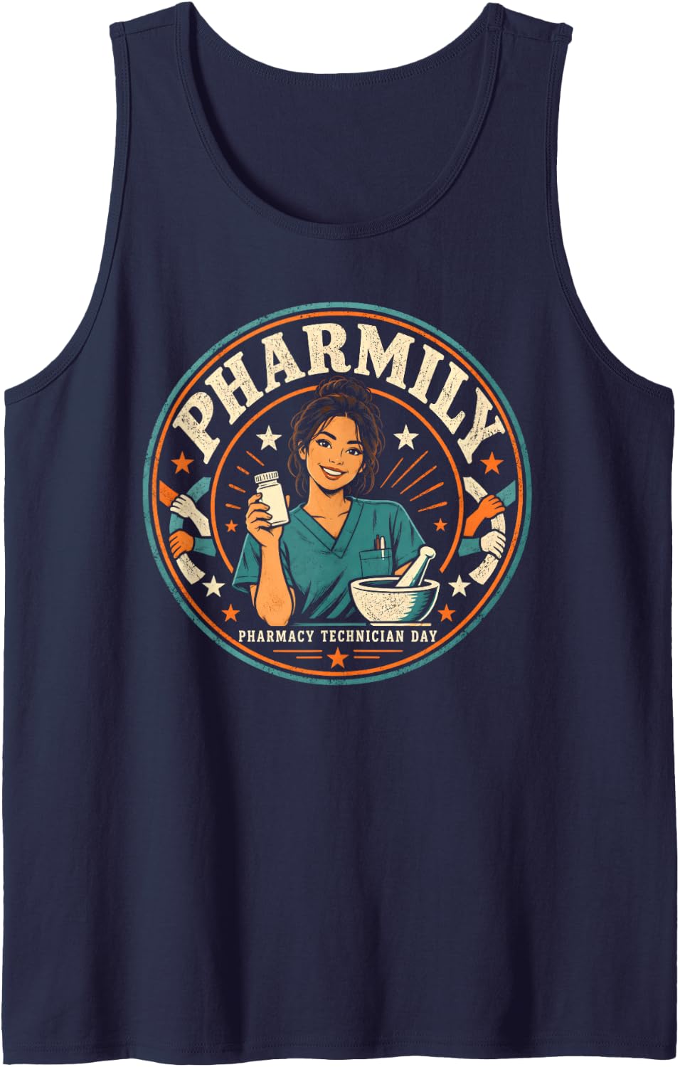 Pharmacy Technician Day Retro Pharmily Tech Sleeveless Tank Top - Navy Blue