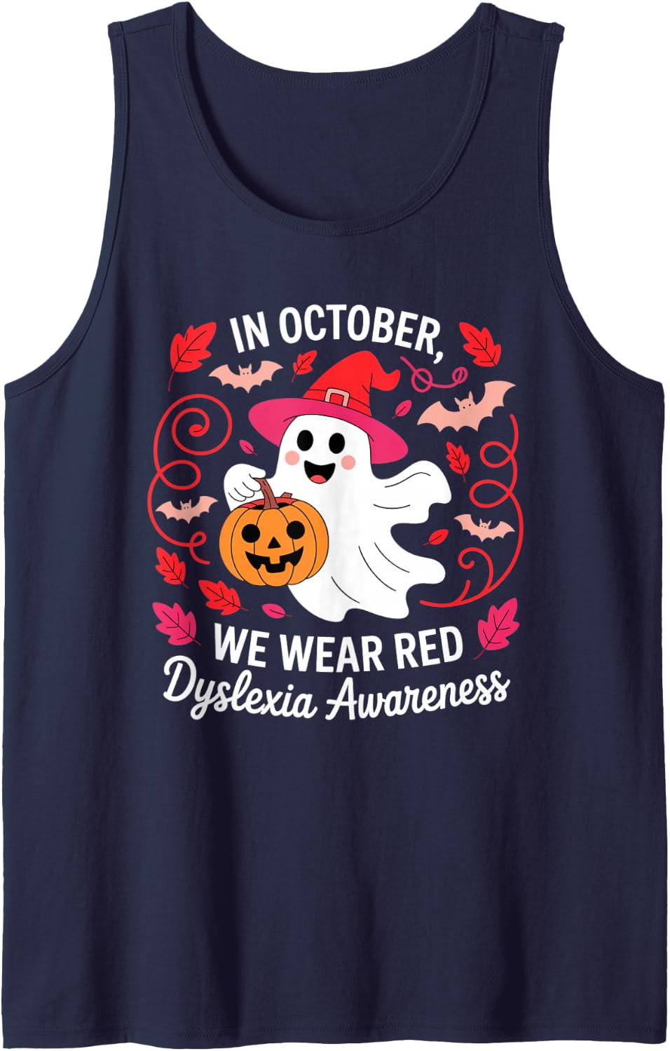 in October We Wear Red Dyslexia Awareness Ghost Sleeveless Tank Top - Navy Blue