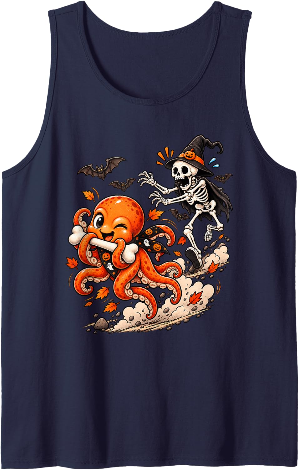 Funny Octopus Chased by Witch Skeleton Halloween Men Women Tank Top - Navy Blue