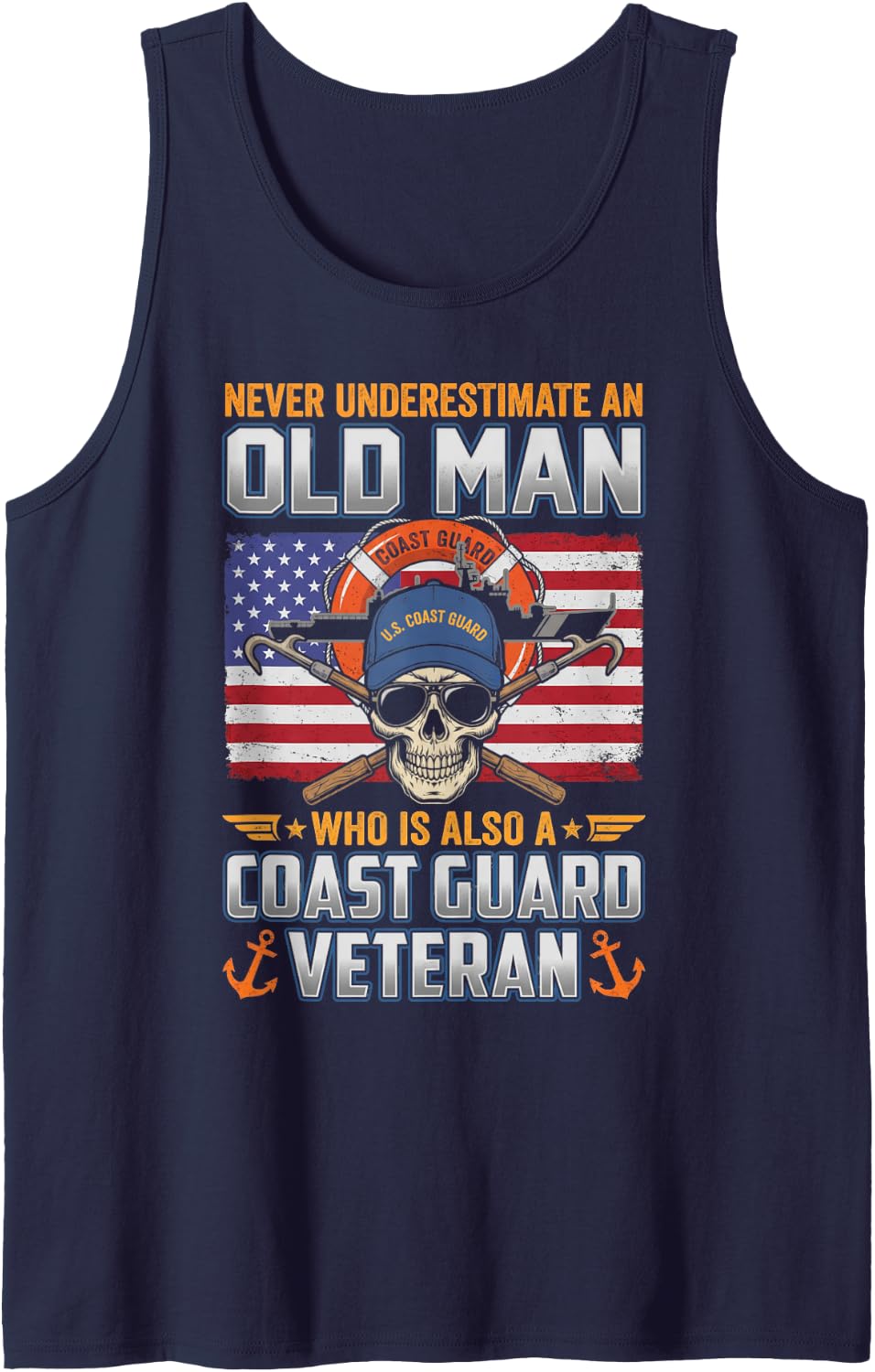 Never Underestimate an Old Man U.S Coast Guard Veteran Flag Sleeveless Tank Top - Navy Blue
