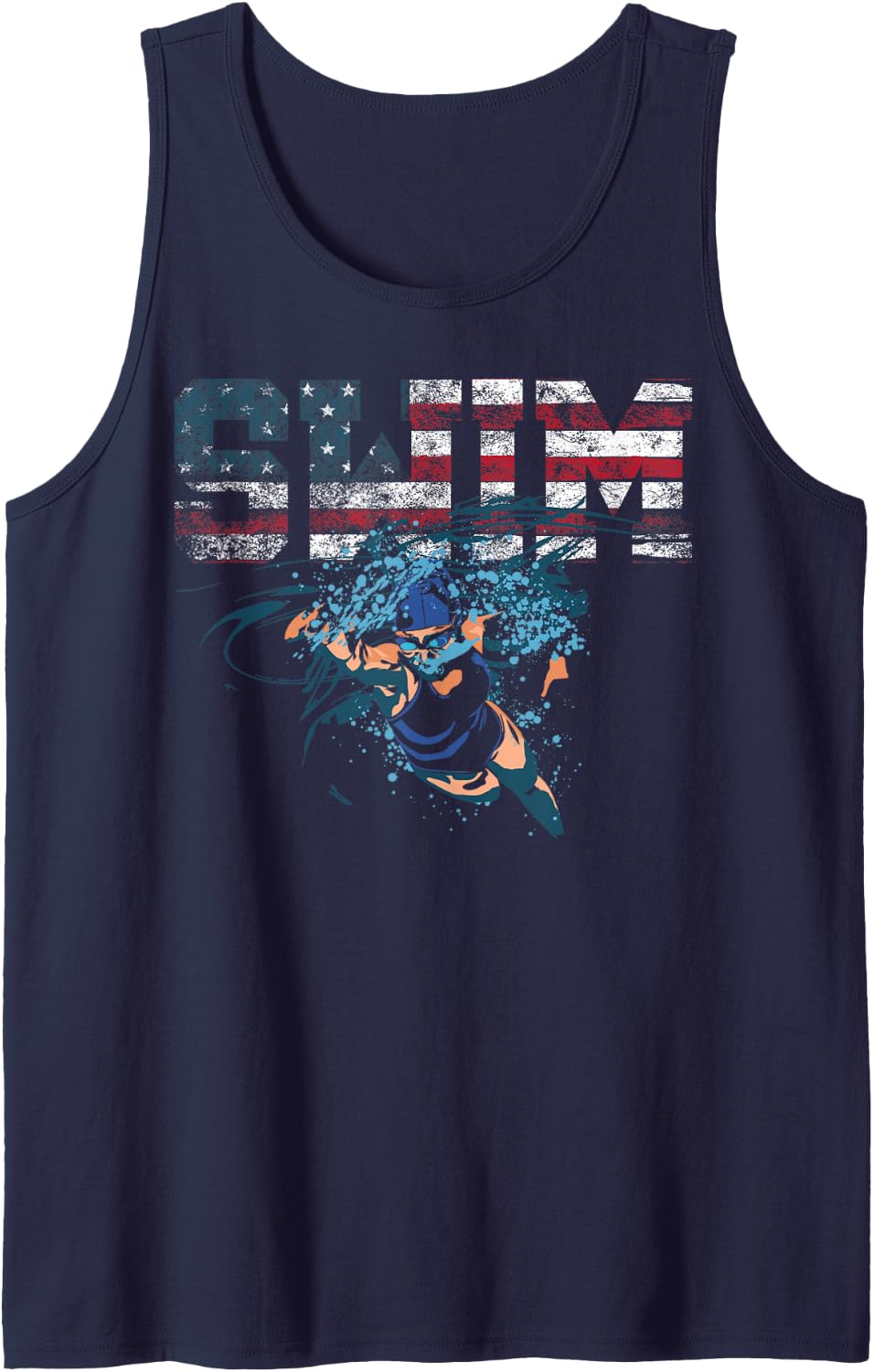 Swimming USA Flag American Vintage US Swimmer Sleeveless Tank Top - Navy Blue