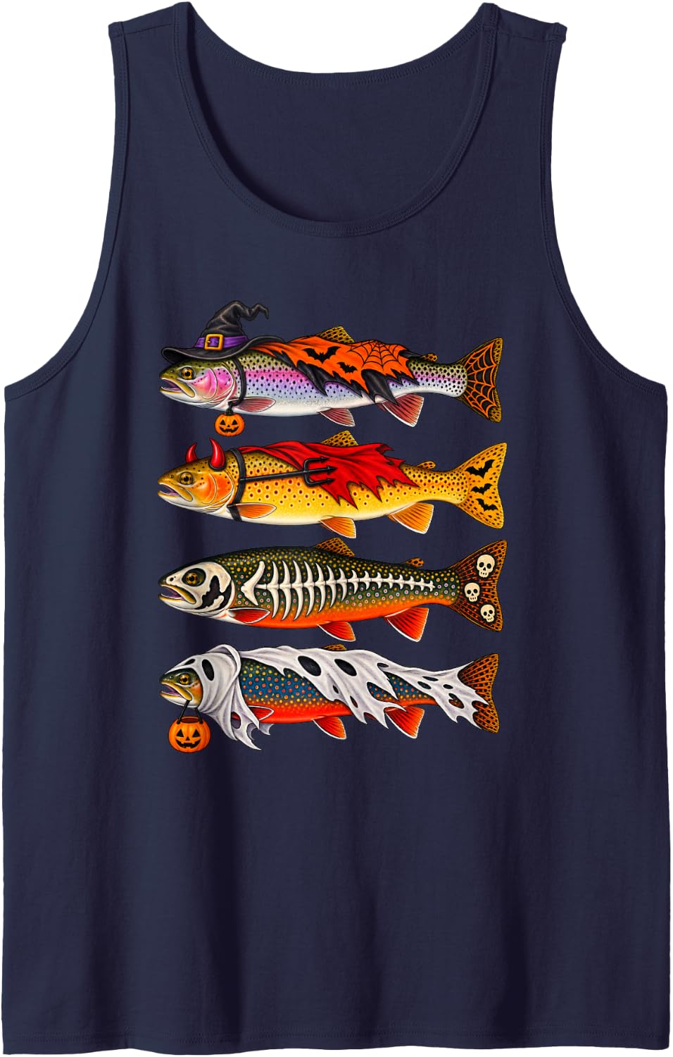 Trout Fish Ghost Skeleton Halloween Fishing Sleeveless Tank Top - Navy Blue