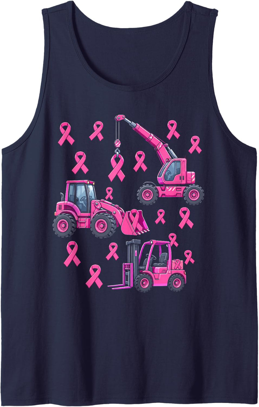 Pink Ribbon Construction Trucks Breast Cancer Awareness Sleeveless Tank Top - Navy Blue