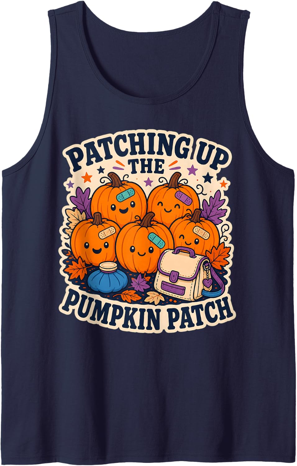 Patching Pumpkin Patch School Nurse Halloween Sleeveless Tank Top - Navy Blue
