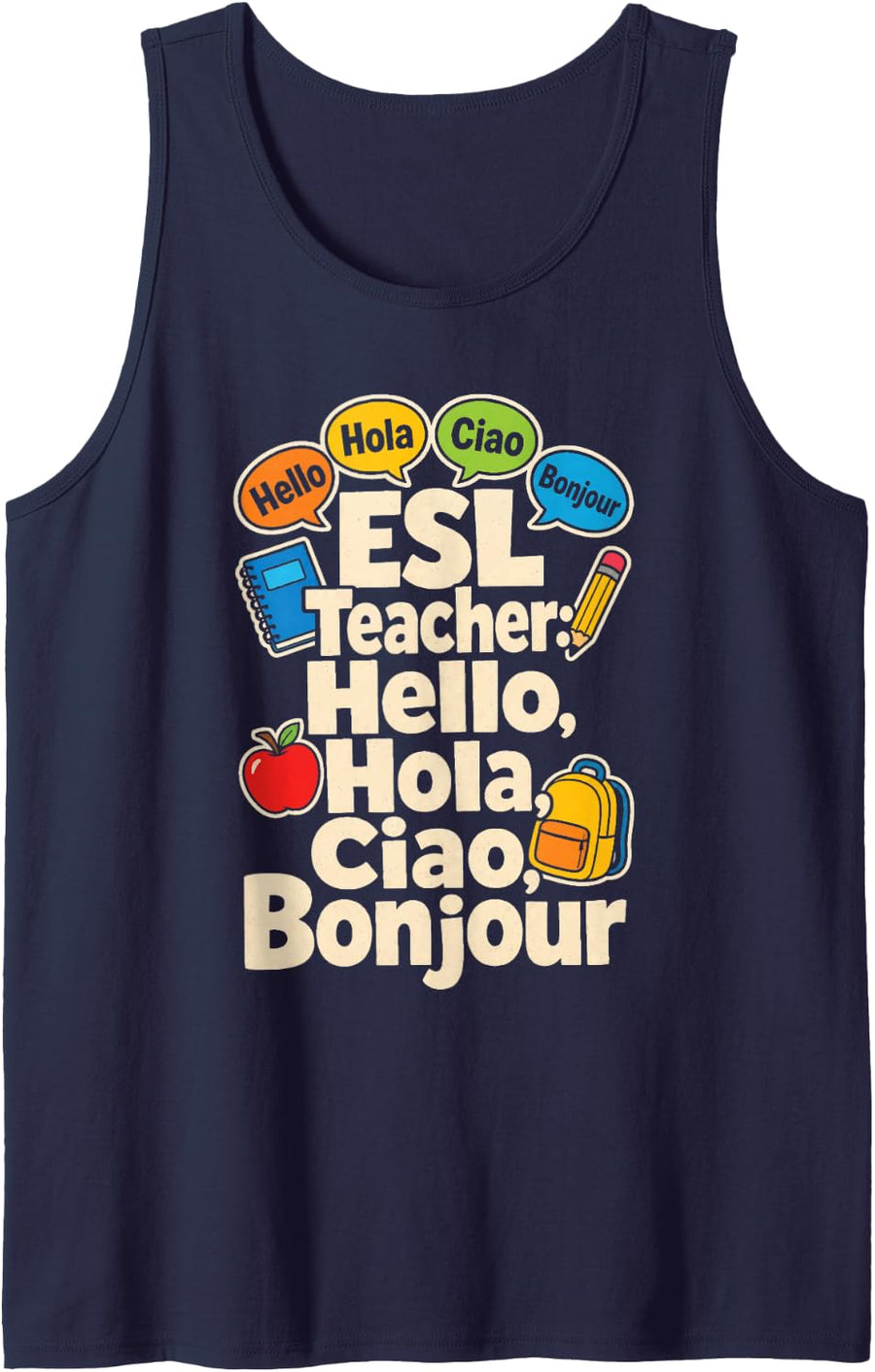 ESL Teacher Hello Hola Ciao Bonjour ELL Elementary School Sleeveless Tank Top - Navy Blue