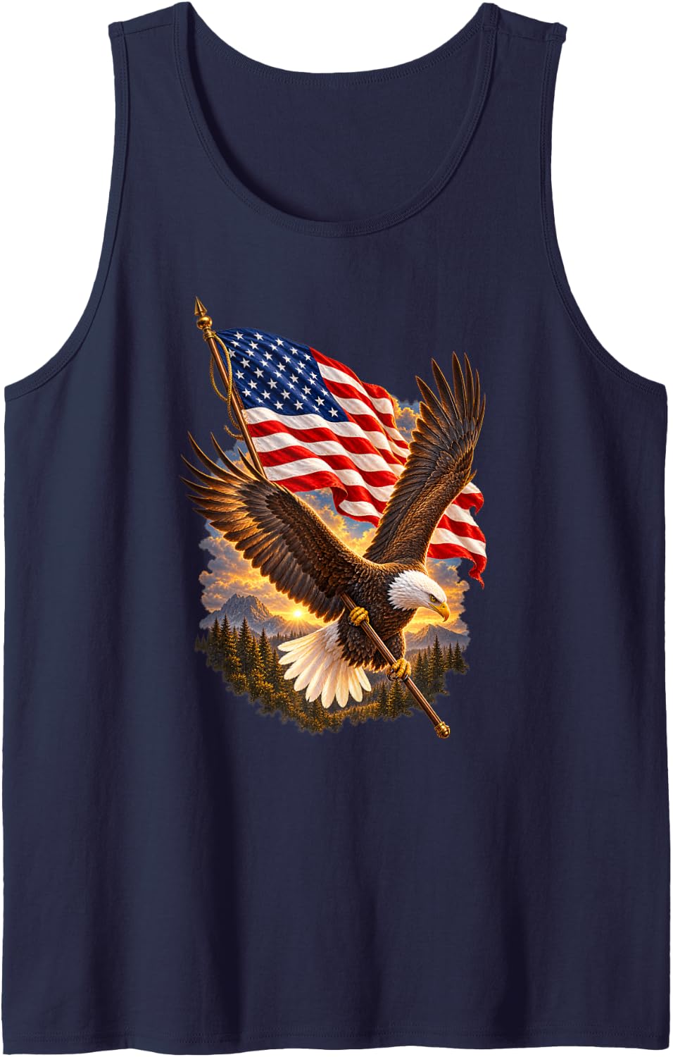 Patriotic Bald Eagle Soaring American Flag USA Mountains Sleeveless Tank Top - Navy Blue