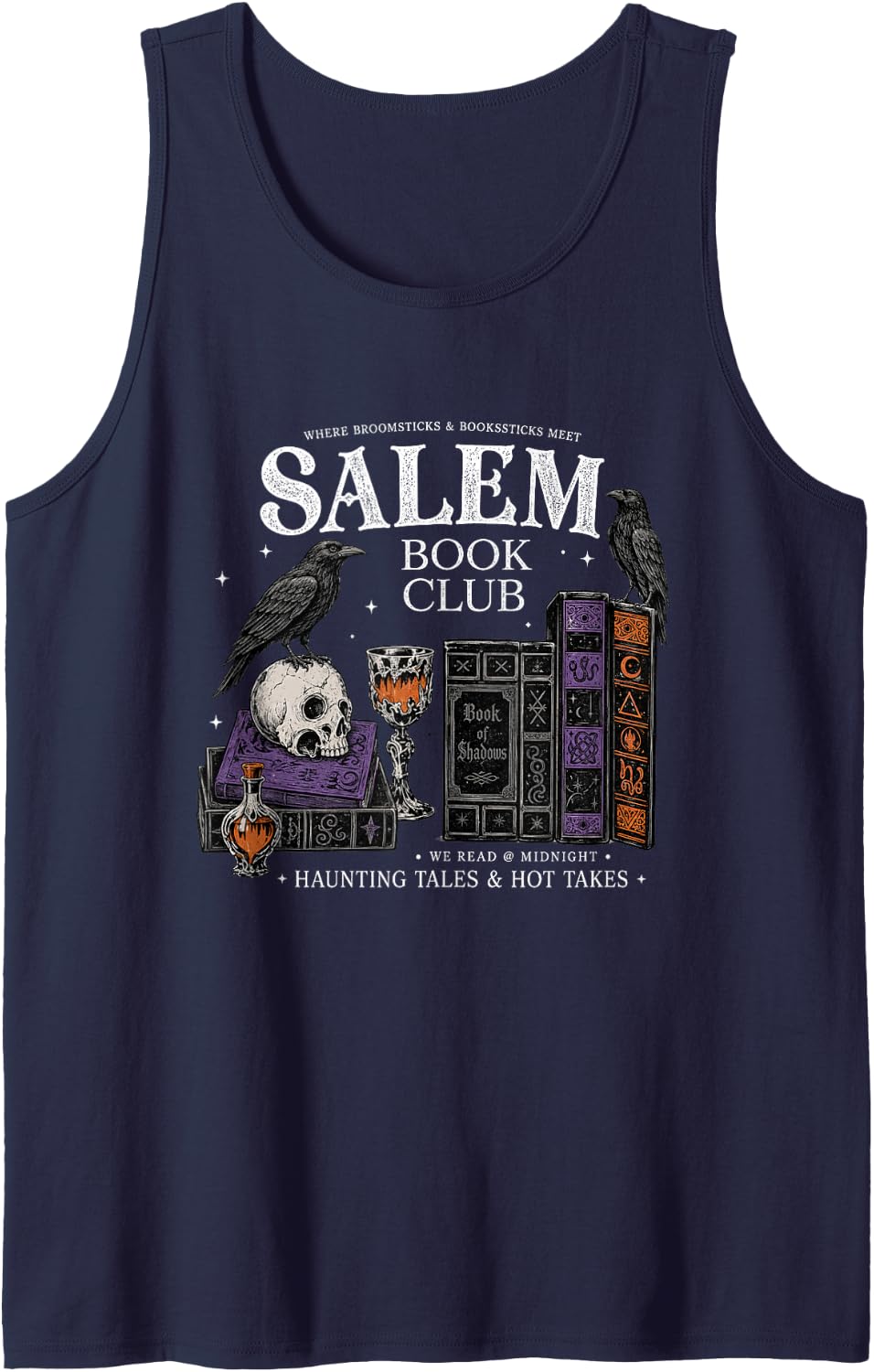 Salem Book Club Witchy Gothic Reader Halloween Sleeveless Tank Top - Navy Blue